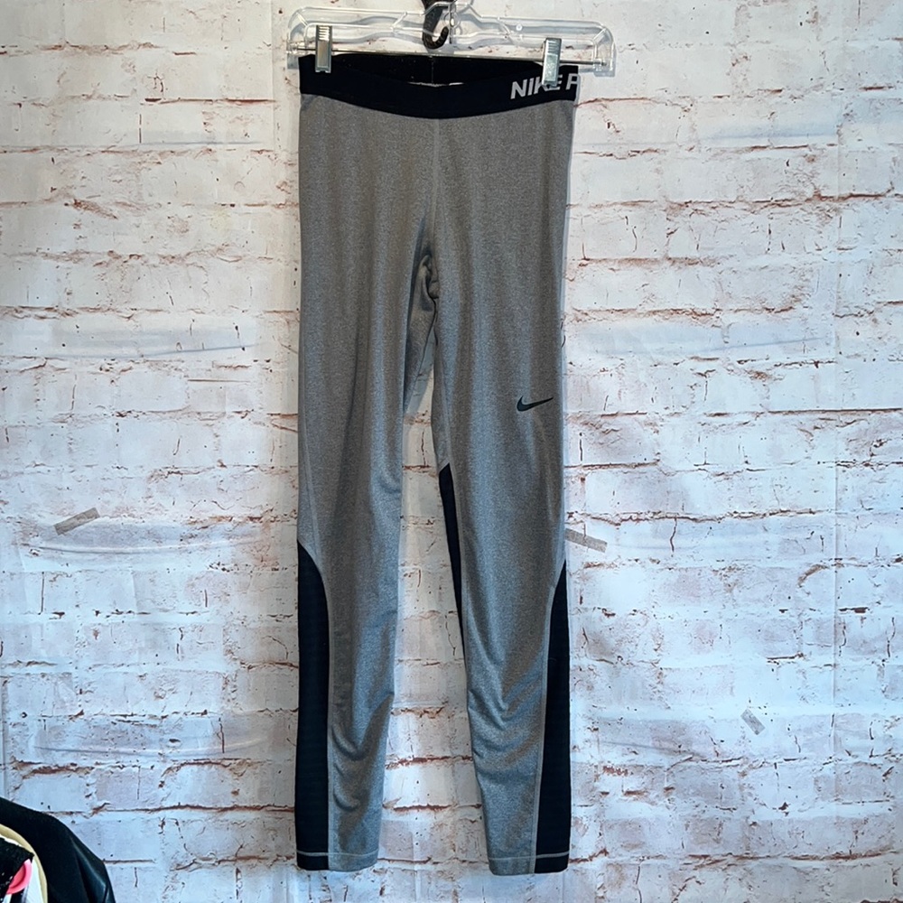 Nike pro warm tights grey black running color block mesh back compression S